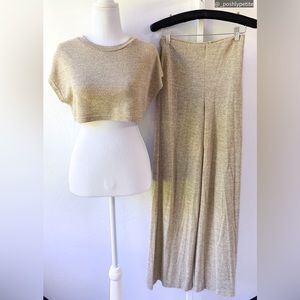 Fashion Nova xs brown lounge set crop top and high waist wide pants